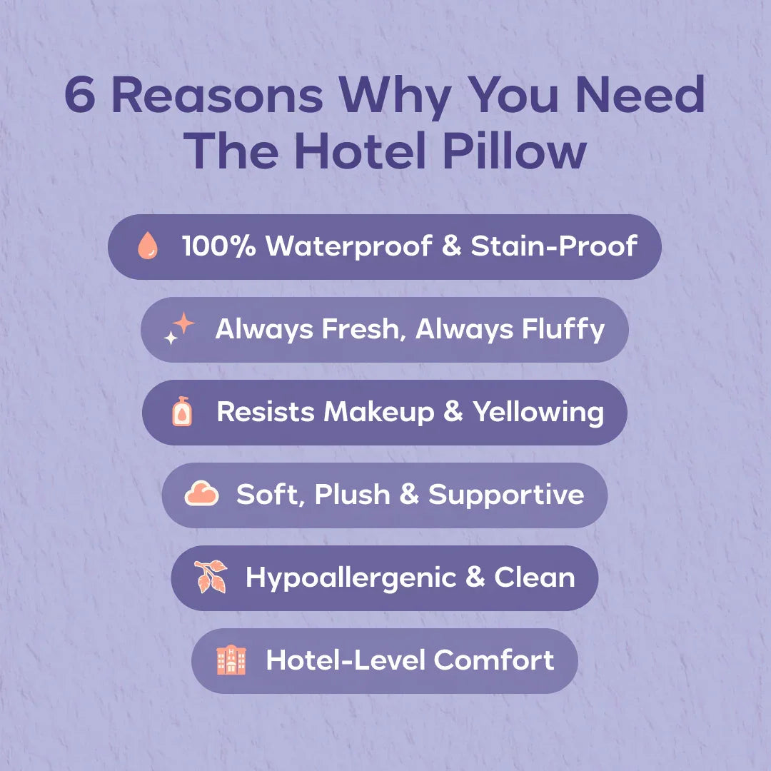 Benefits of the hotel pillow listed on a purple background, including waterproof, hypoallergenic, plush, supportive, and hotel-level comfort features.