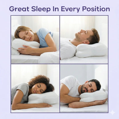 People sleeping in various positions using an orthopedic pillow for neck support