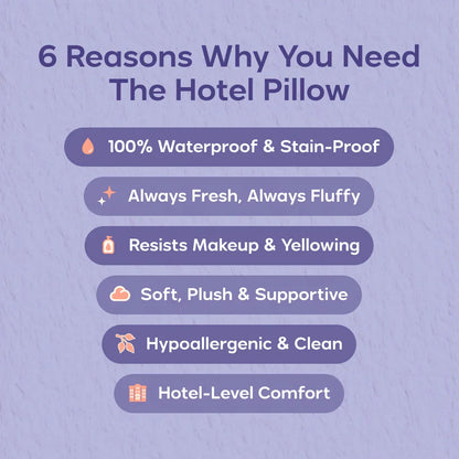 Benefits of the hotel pillow listed on a purple background, including waterproof, hypoallergenic, plush, supportive, and hotel-level comfort features.