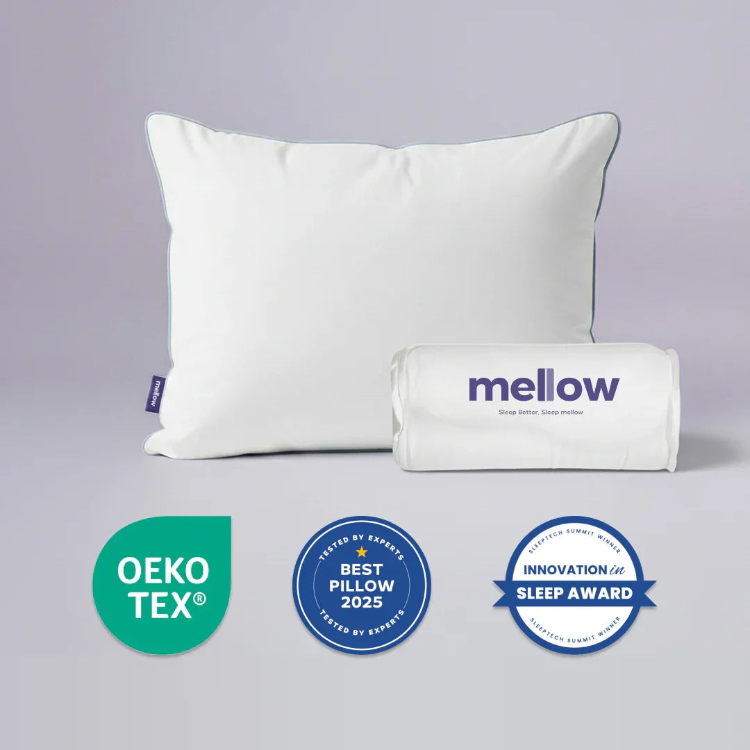 Orthopedic pillow with carrying bag, OEKO-TEX certified, award badges displayed below.
