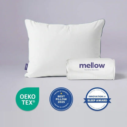 Orthopedic pillow with carrying bag, OEKO-TEX certified, award badges displayed below.