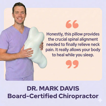 Chiropractor holding orthopedic pillow for neck support with testimonial about pain relief and spinal alignment.