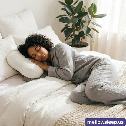 Woman sleeping on orthopedic pillow in cozy bedroom setting with natural light.
