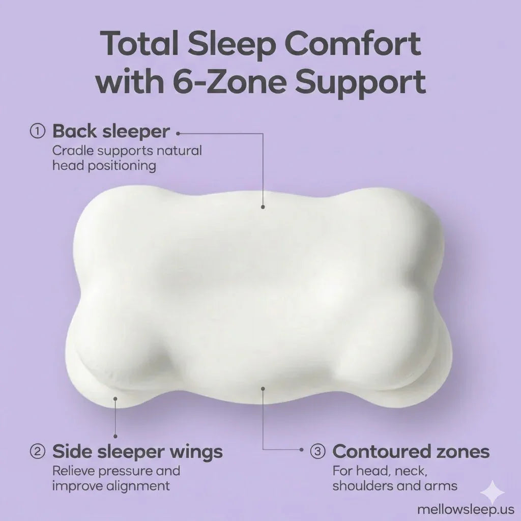 Orthopedic pillow with contoured design for back and side sleepers, 6-zone neck support